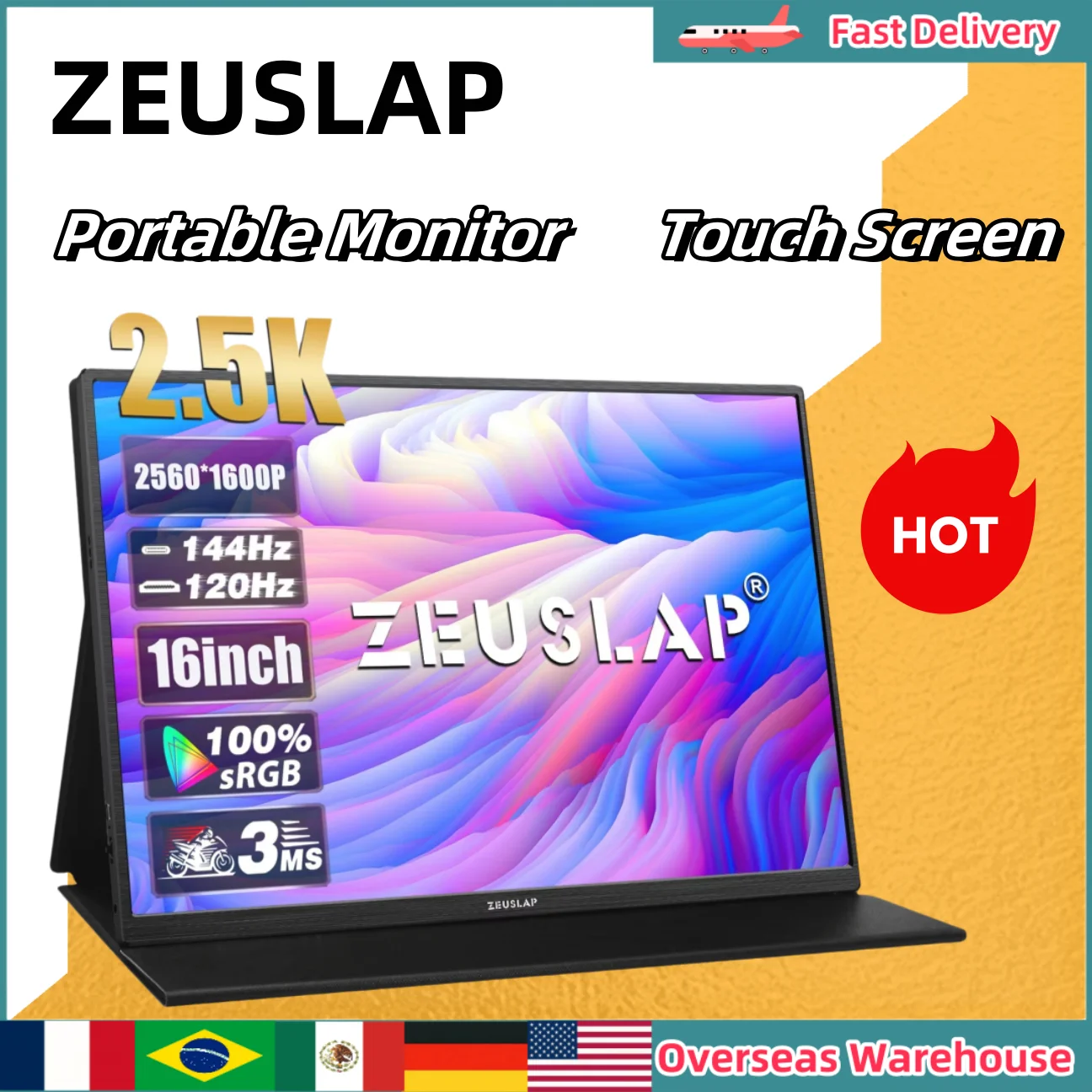 ZEUSLAP Portable Monitor Touch Screen 16" 2.5K 144hz Travel Display 2560*1600 For Laptop Computer Game Consoles Gift Man Gifts