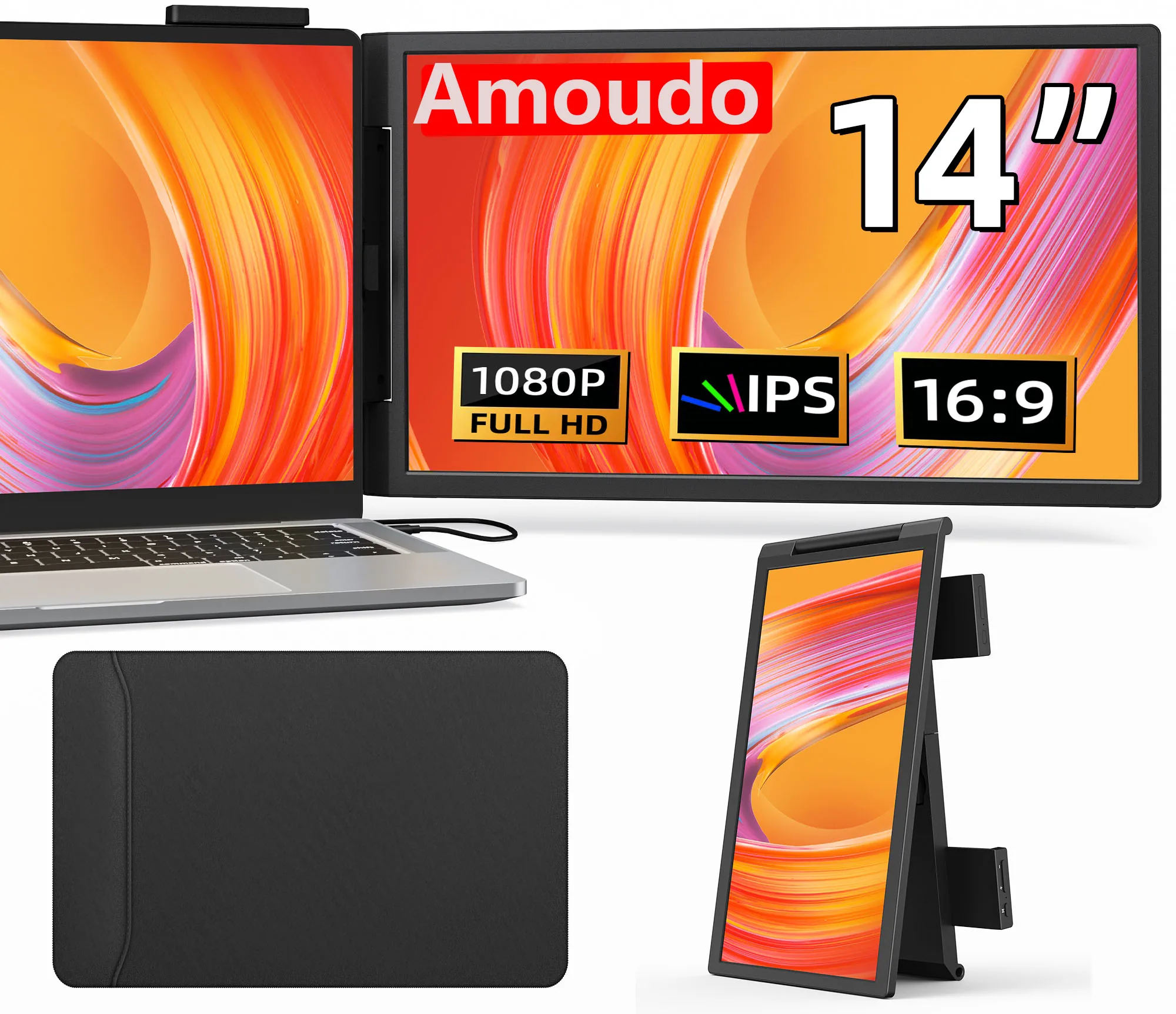 Amoudo 14 Inch1920*1080P Portable Monitor Screen Extender  Portable Monitor with USB-C HDMI Port for Windows Mac Switch PS5 Xbox