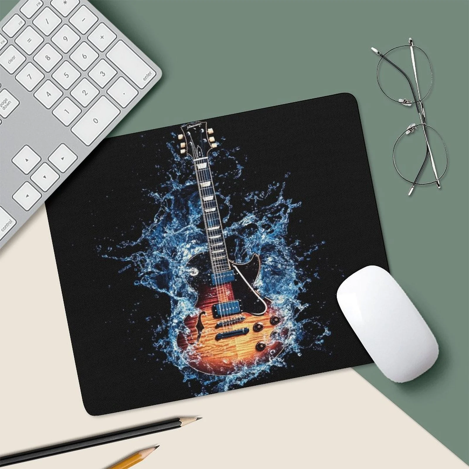 Electric guitar water ripple design mouse pad, anti-slip small rectangular office game desk mat, suitable for music enthusiasts