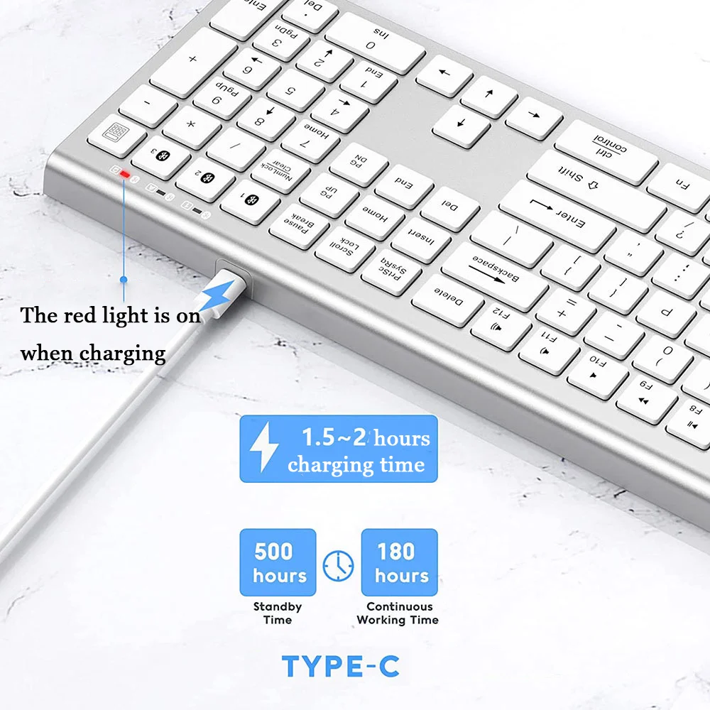 108 Keys Wireless Bluetooth Keyboard With Numeric Keypad Type-C Rechargeable Silent Keyboard For Laptop PC Windows Android Apple