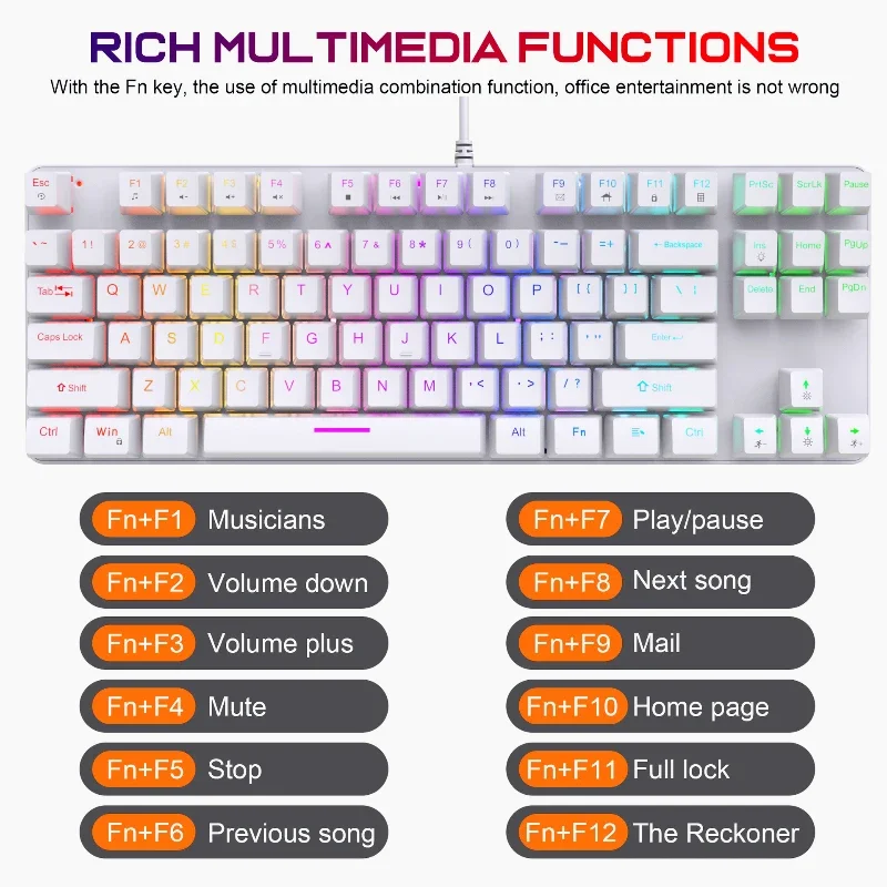 White mechanical keyboard gamer 87 keys wired gaming usb 90% keyboards rgb pc home office key board clavier gaming blanc teclado