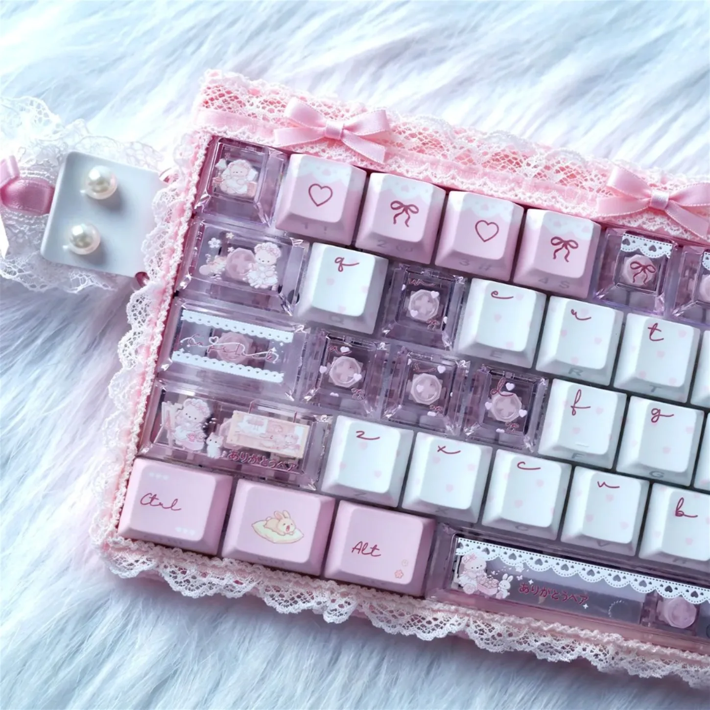 Pink White Bear Tea Party Cherry Profile Keycaps 31-171Keys Side Print Backlit PC PBT for Wooting Magnetic Switch Keyboard