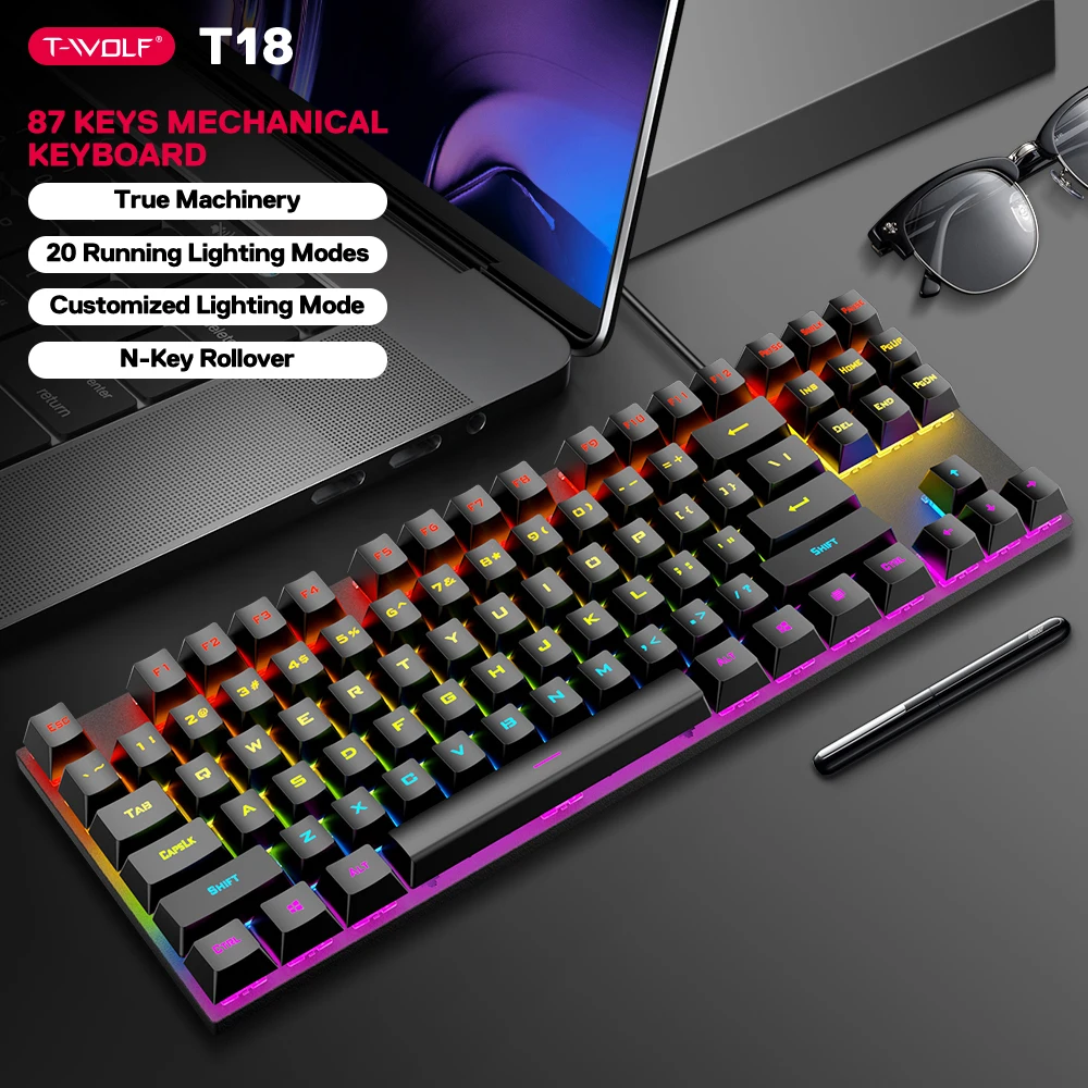 Gaming Keyboard Gamer Keyboard with Backlight USB RGB 87 Mechanical keyboard Wired Ergonomic Russian Keyboard for PC Laptop