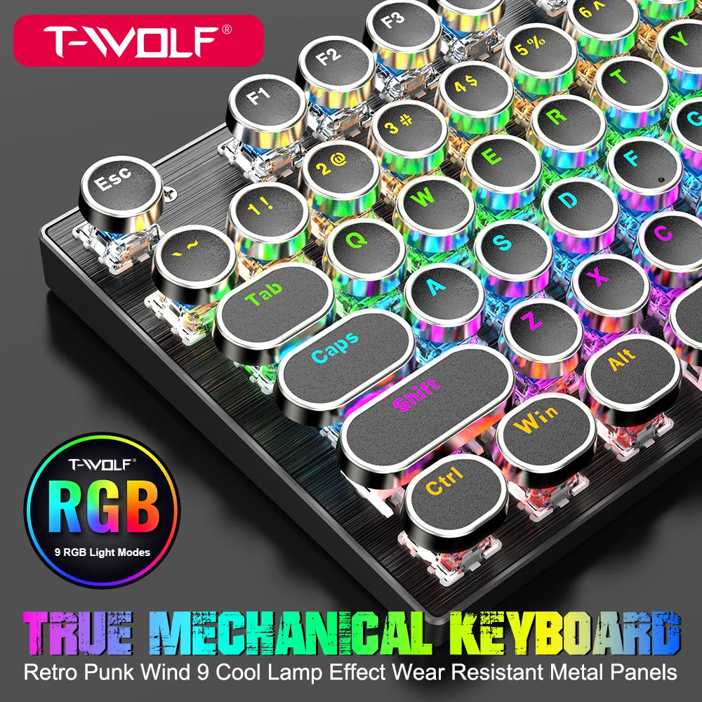 T75 Retro Punk Mechanical Keyboard Blue Black Brown Switch 104 Keys USB Wired Gaming Keyboards RGB Backlit For PC Laptop Gamers