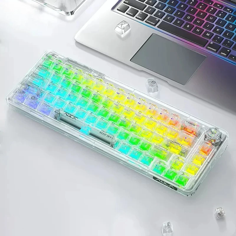 F68 60% Compact Transparent Wireless Mechanical Keyboard  RGB Backlit Bluetooth Wired Gaming Keyboard for Laptop PC IOS MAC