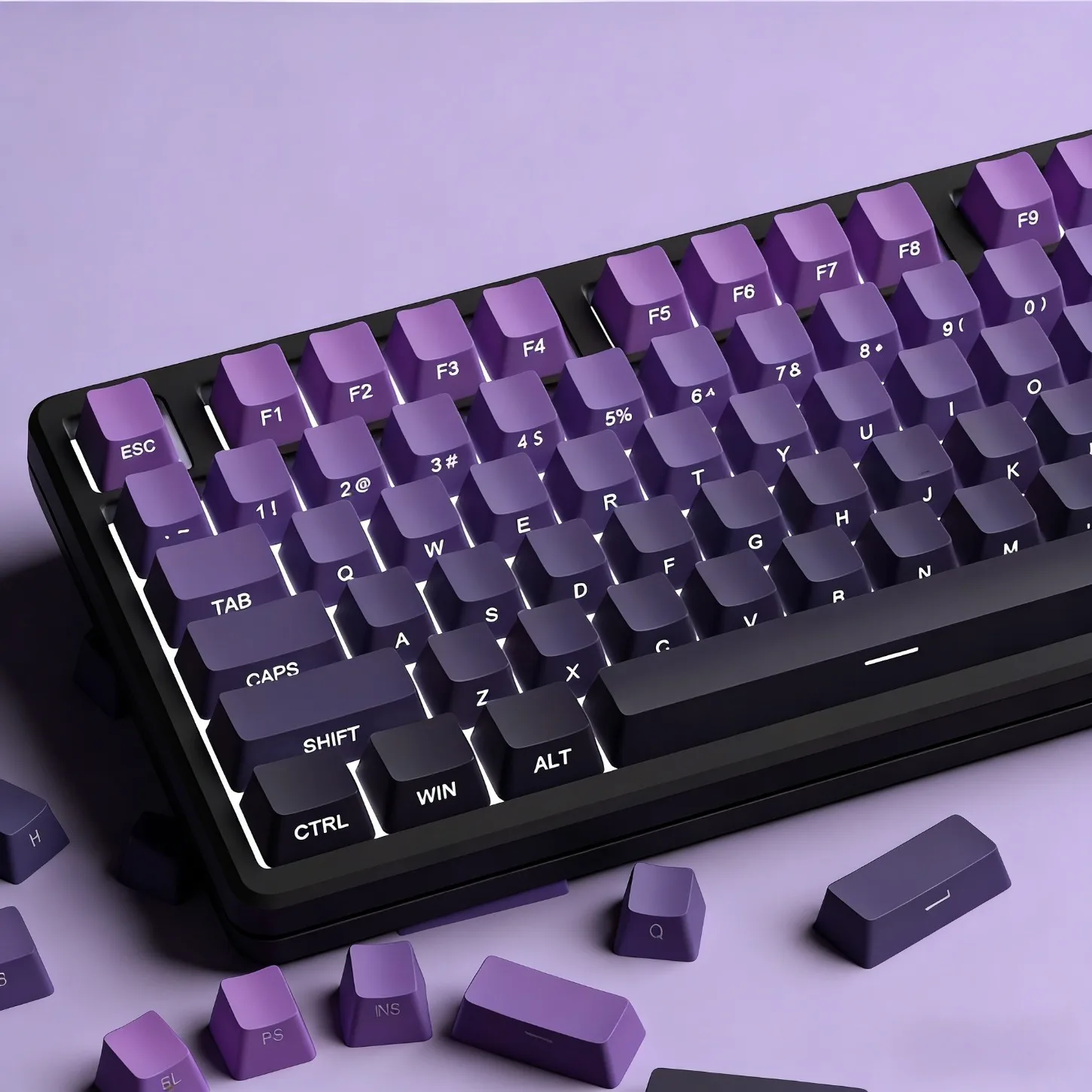 134 Keys Cherry Profile PBT Backlit Keycaps Set Gradient Purple Gray Side Printed for MX Switch Mechanical Gaming Keyboard