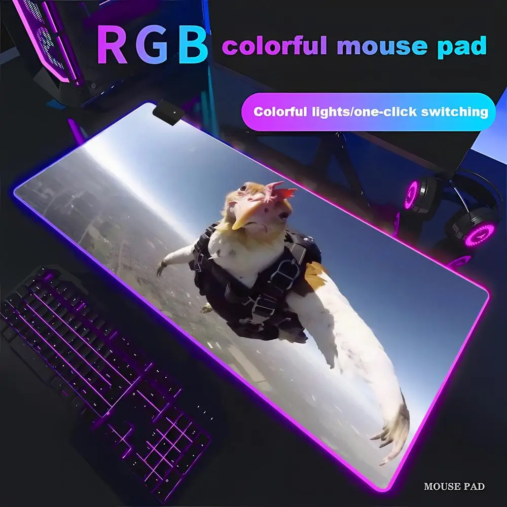 HYBXAXC Funny Skydiving Chicken Mouse Pad Extended Desk MatRubber Base for Office Home Decor RGB Gaming HD Large LED Light XXL