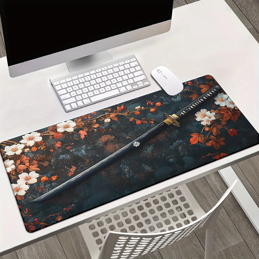 XXL Samurai Sword and Sakura mouse pad anti-slip rubber washable, suitable for gaming, office and home decoration pc accessories