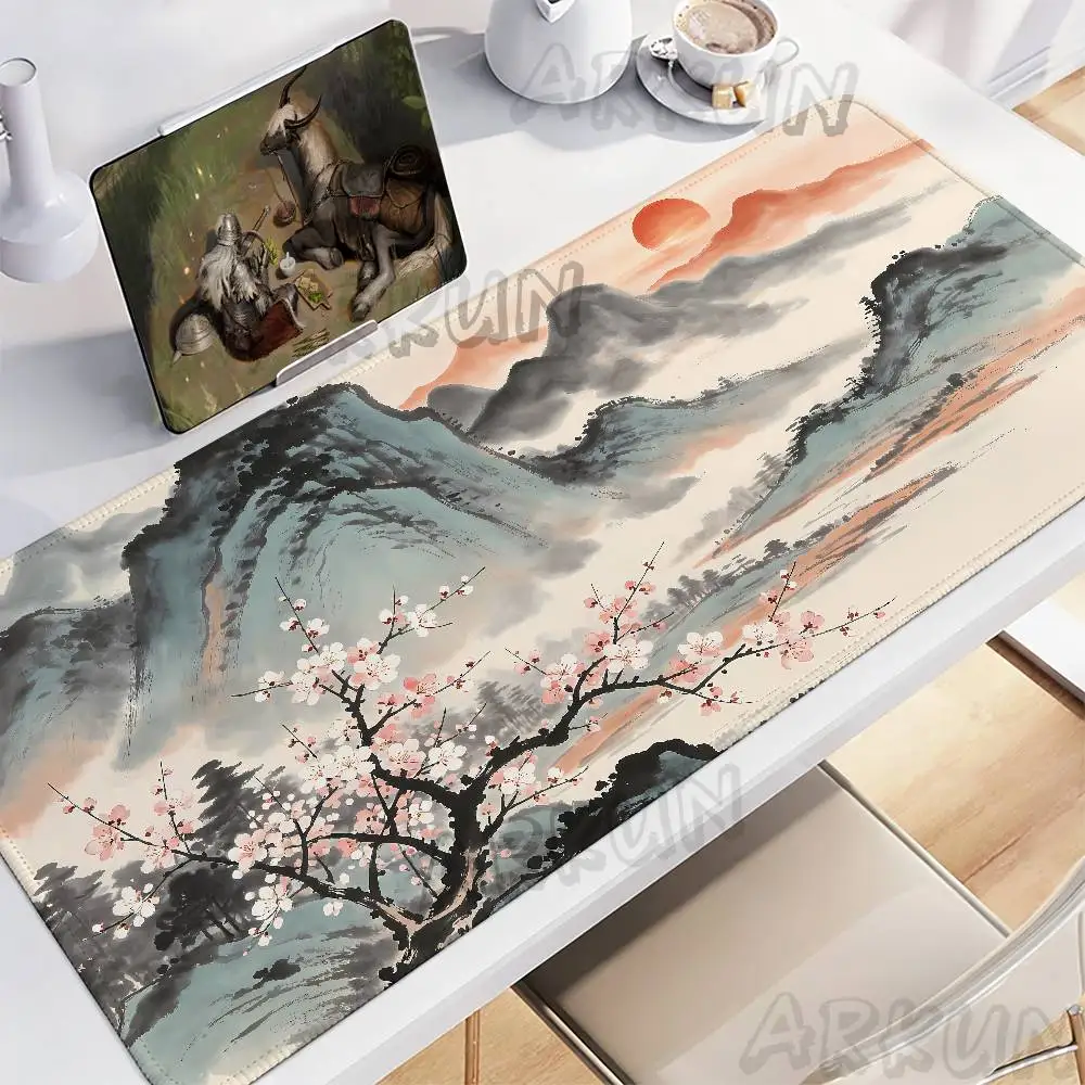 Landscape Ink Painting Mouse Pad Watercolor Mountain View Desk Mat Non-Slip Waterproof Smooth for Office Home Desktop Decoration
