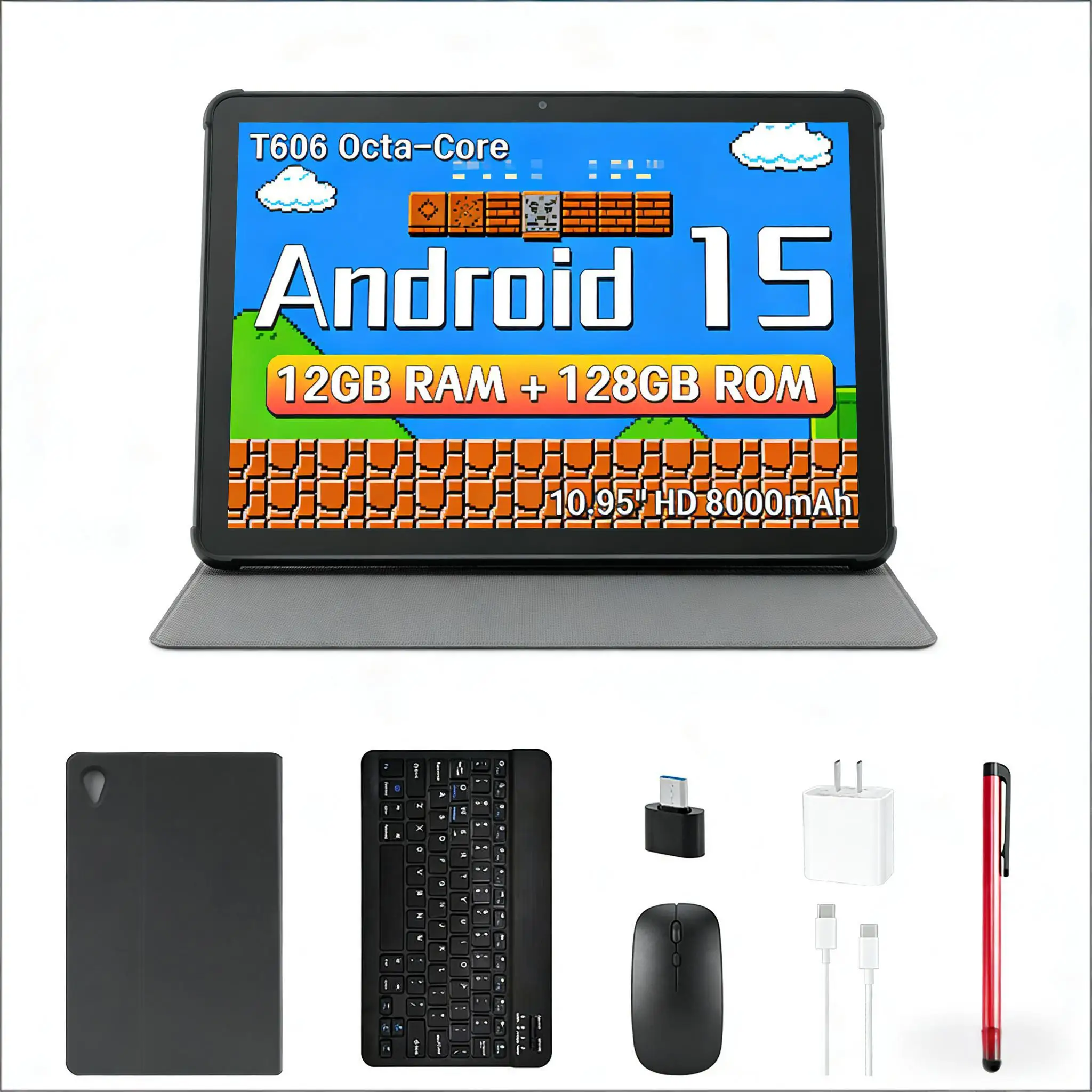 ANRY 10.95 Inch Tablet Android 15 12GB RAM 128GB ROM 8000mAh Octa-Core HD Display Dual Camera WiFi BT Portable for Study Gaming