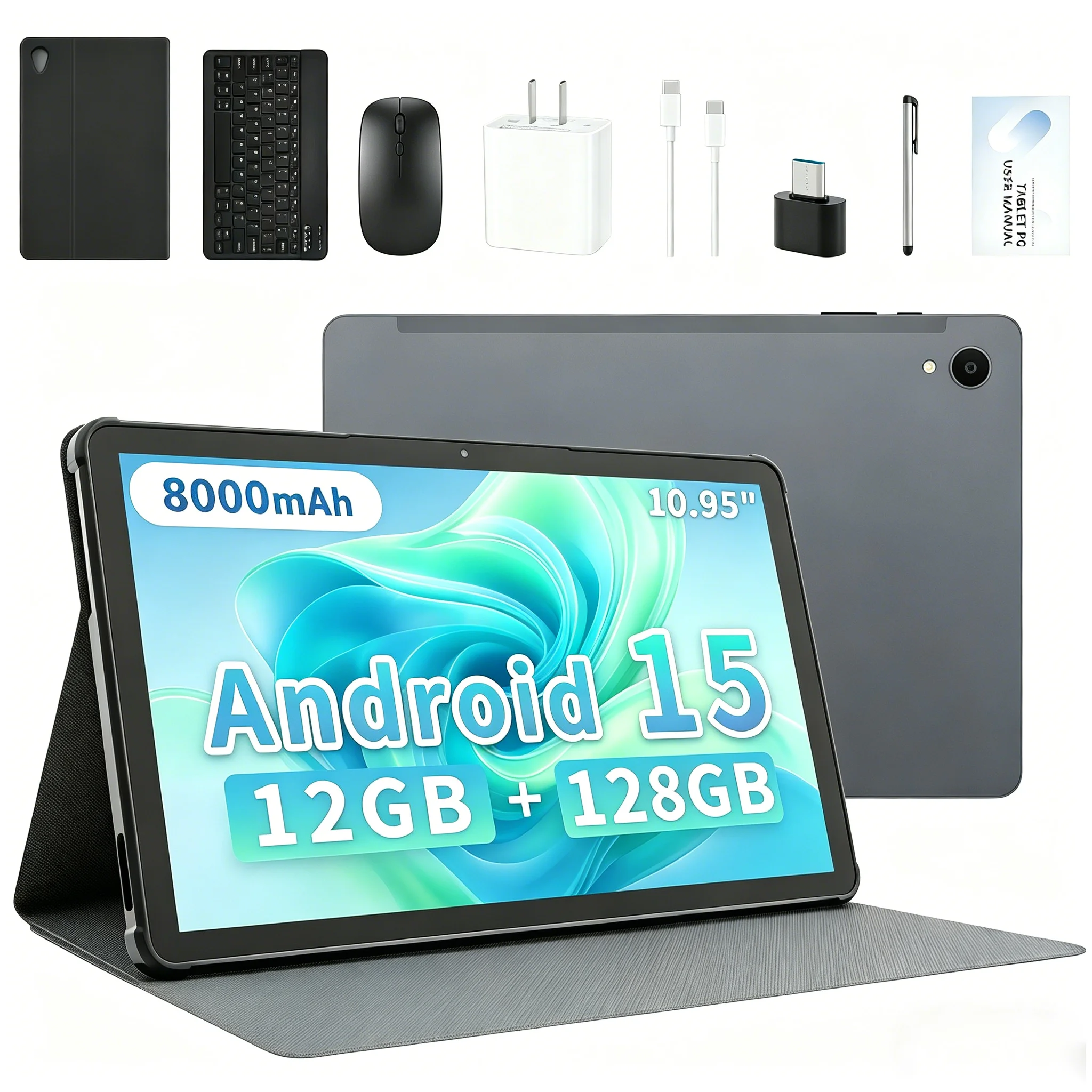 Paitanry 2026 Newest Android 15 Tablet 11 Inch 12GB+128GB Octa Core T606 8000mAh Battery WIFI6 Gaming Tablet with Keyboard Mouse