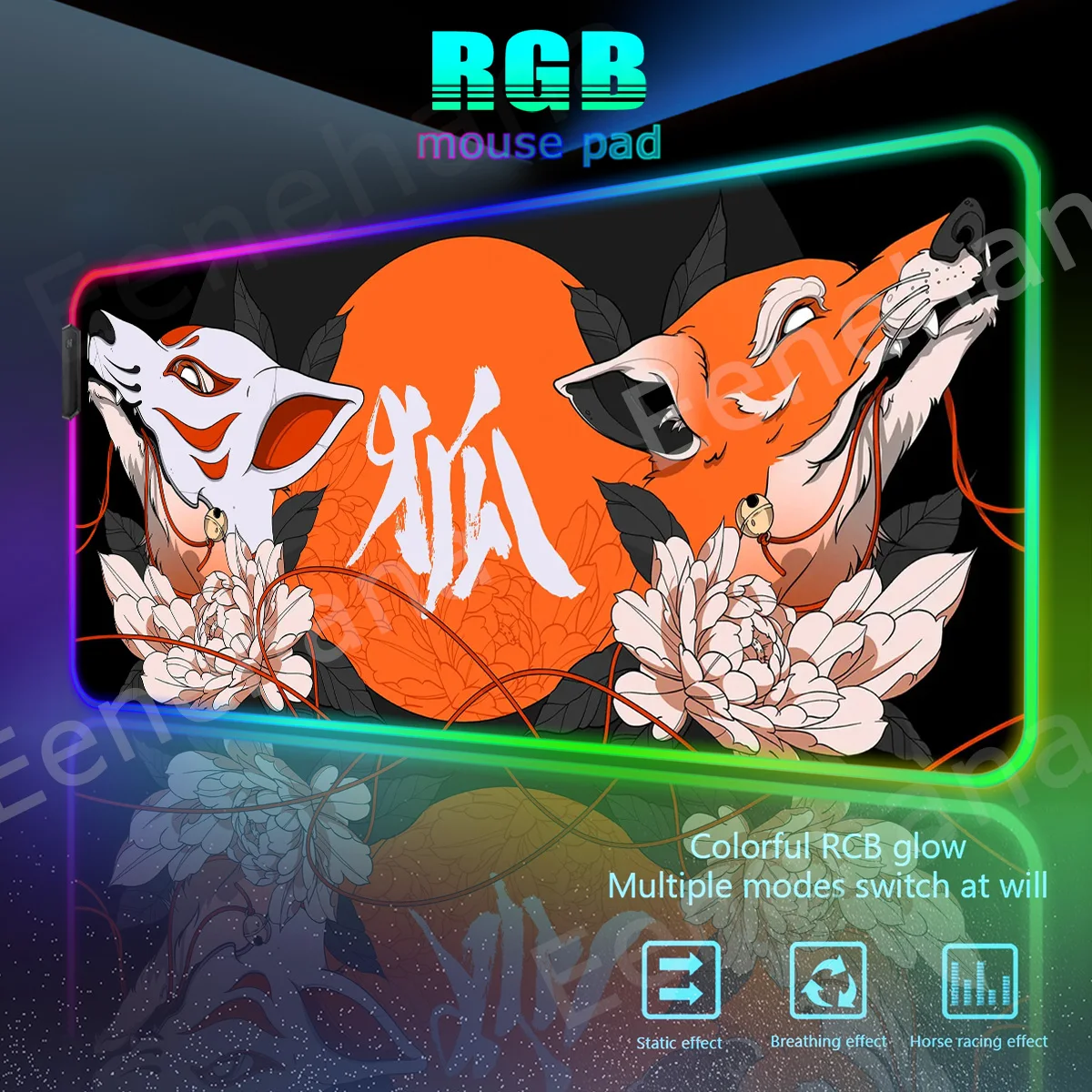 RGB Nine-tailed Fox Japanese Mat Art Light Overlock Mouse Pad LED Xxl Computer Extended Pads Big PC Gaming Keyboard  Accessories