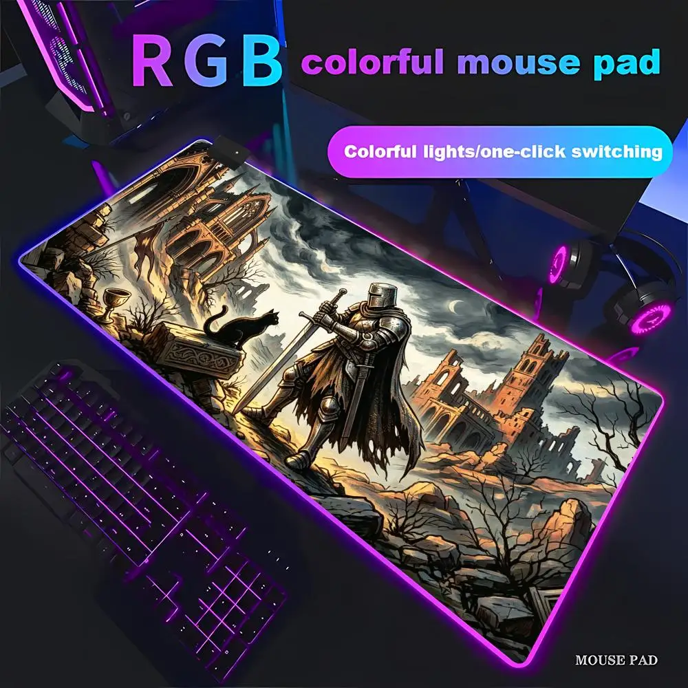 HYBXAXC  Silent Companion Knight  Gaming Desk Mat XL Monochrome Mouse Pad Fantasy Decor RGB Gaming Pad HD Gamer LED Light XXL PC