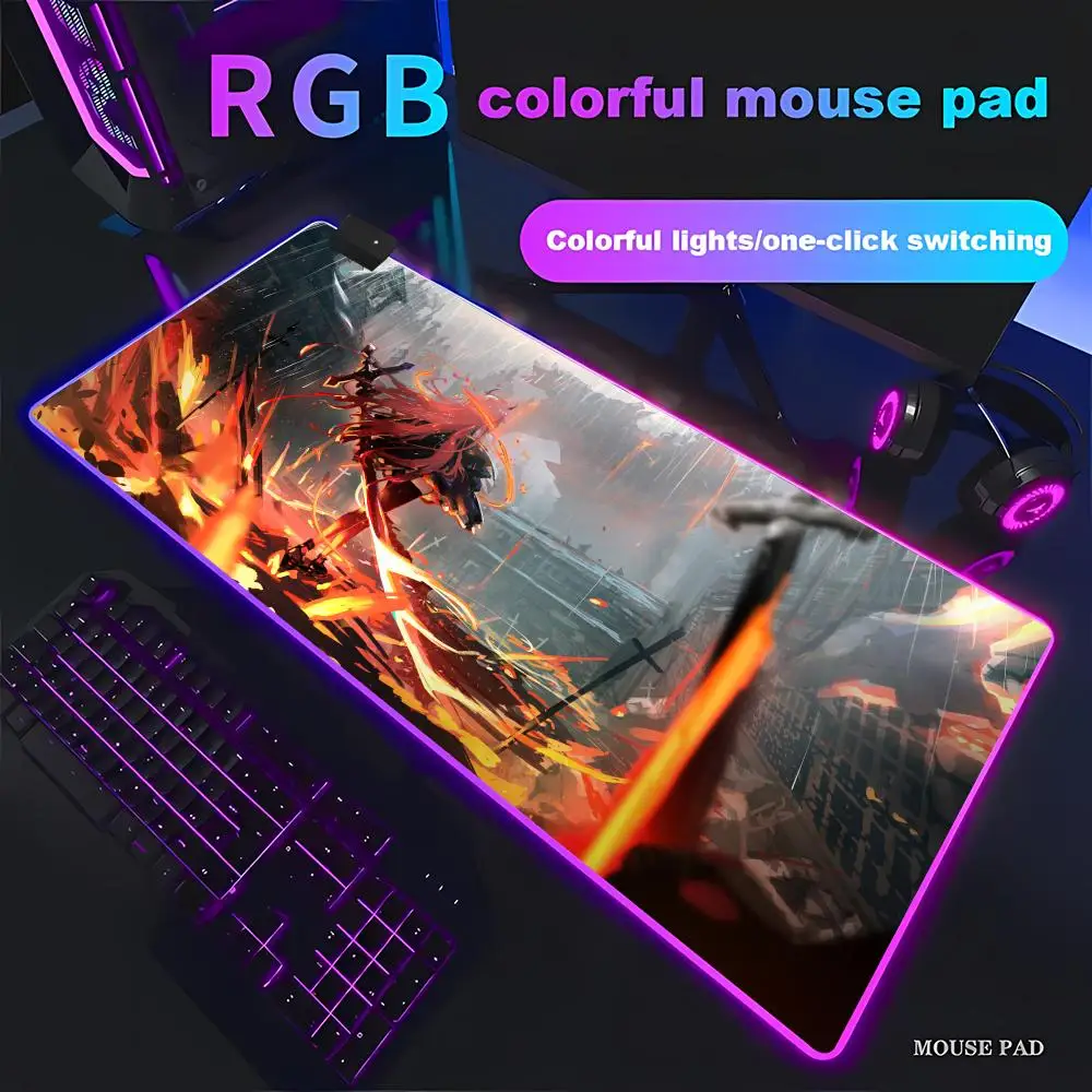 HYBXAXC Game Arknights Surtr Mouse Pad Animation Games RGB Gaming HD Gamer Large LED Light XXL PC Computer pad Non-slip Decor