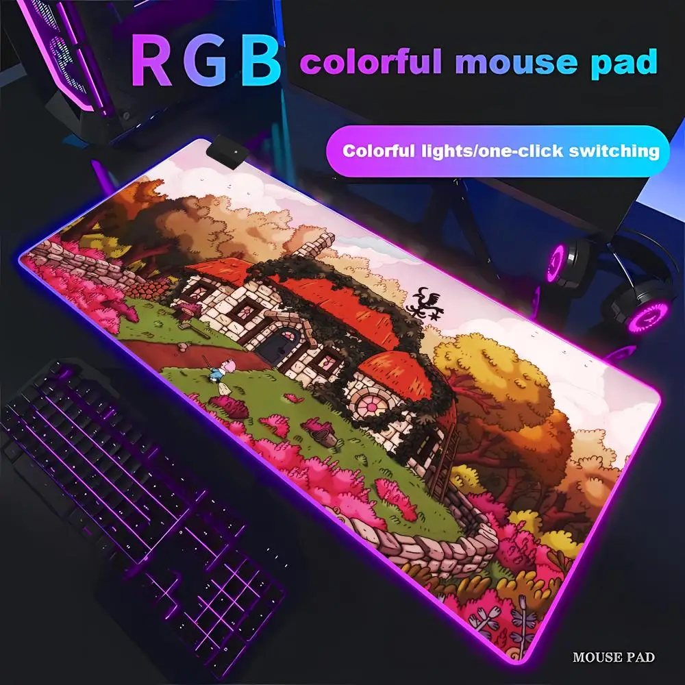 HYBXAXC Cozy Cartoon Cottage Print Mouse Pad Non-Slip Mat Durable Base for Office & Gaming RGB Pad HD Large LED Light XXL PC
