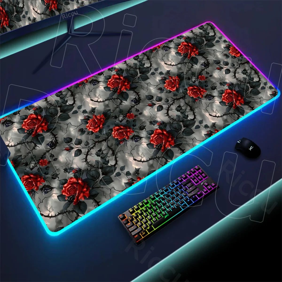 RGB Gothic Rose Print Large Mouse Pad Game Accessories Anti Slip Mousepad Base Suitable for E-sports Office and Home Decoration