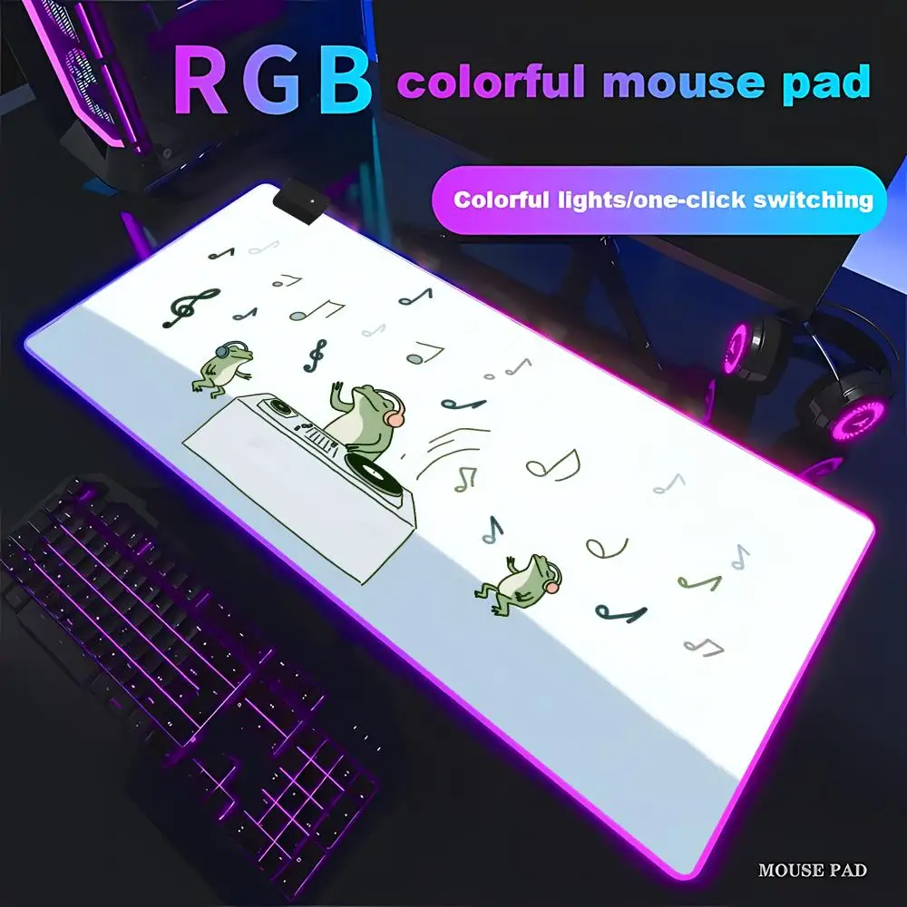 HYBXAXC Funny DJ Frog Mouse Pad Rubber Desk Mat for Office Gaming Home Decor RGB HD Gamer Large LED Light XXL Computer Non-slip