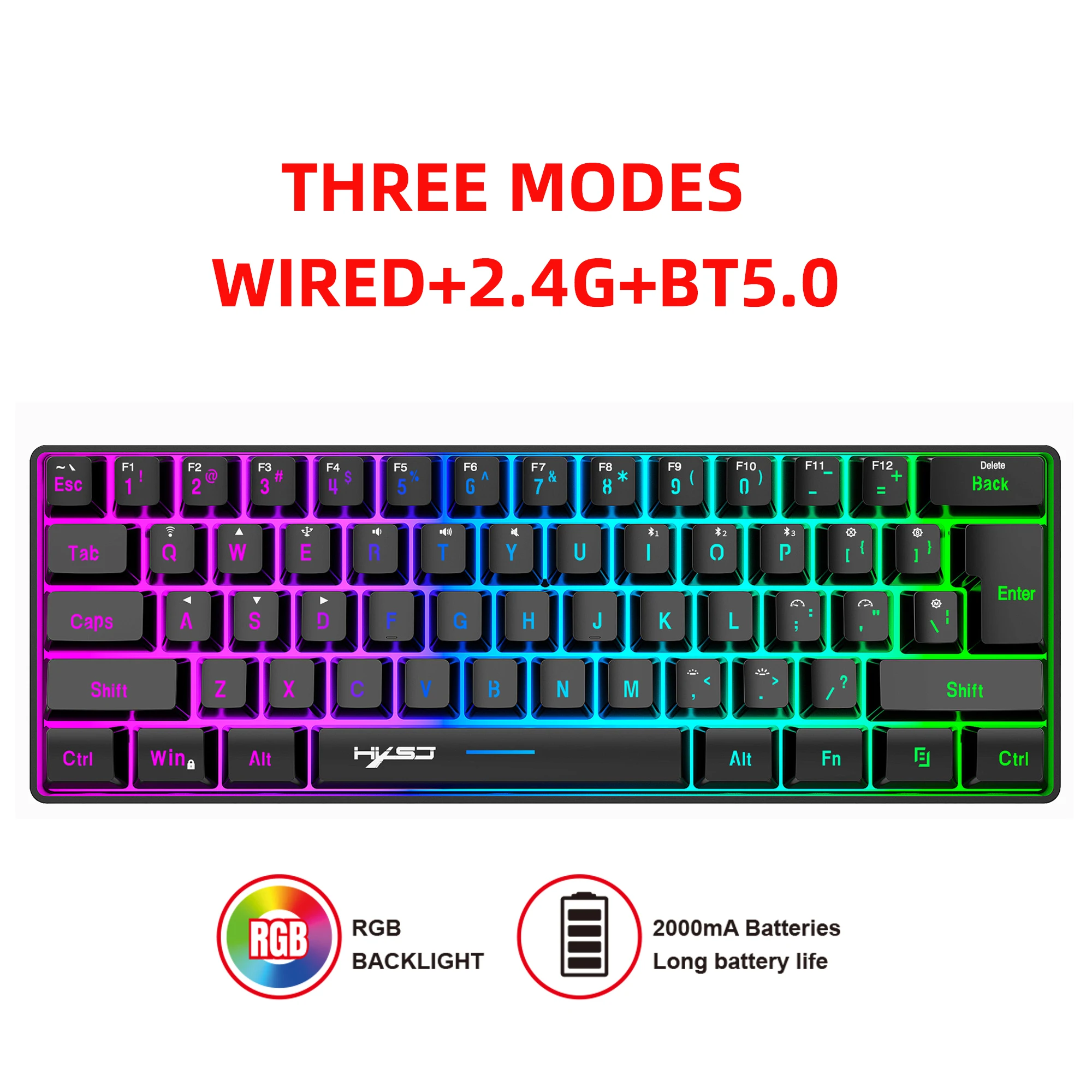 Bluetooth 5.0 2.4G Wireless Wired Keyboard Gaming 61 Keys Rechargeable Keyboard Adjustable RGB Backlit for PC Phones Tablets