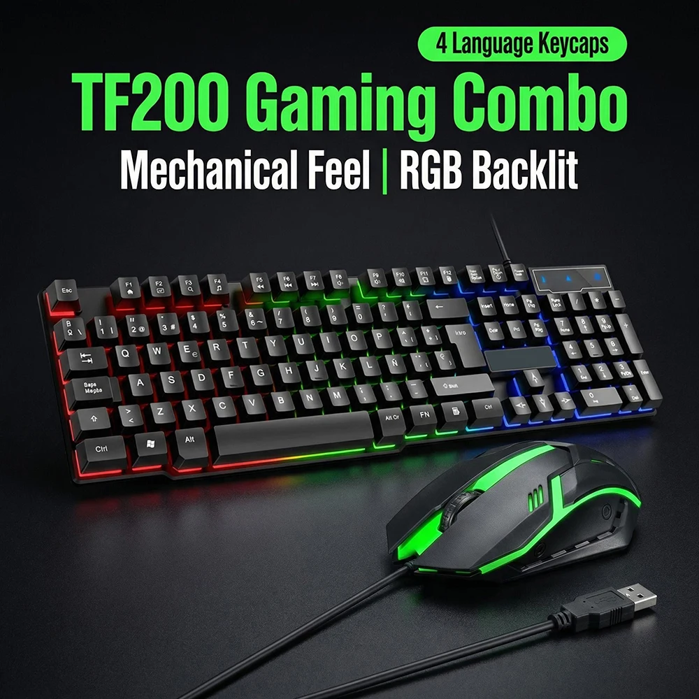 TF200 Spanish USB Wired Keyboard Mouse Set Gaming Mechanical Feel RGB Backlight Keyboard Russian Keycaps For Laptop PC Computer