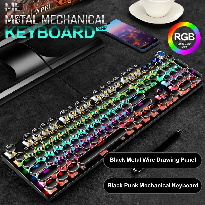 Round Punk 104 Keys Blue Switch White Computer Keyboard RGB USB Cable Wired Black 100% Gaming Mechanical Keyboard For PC