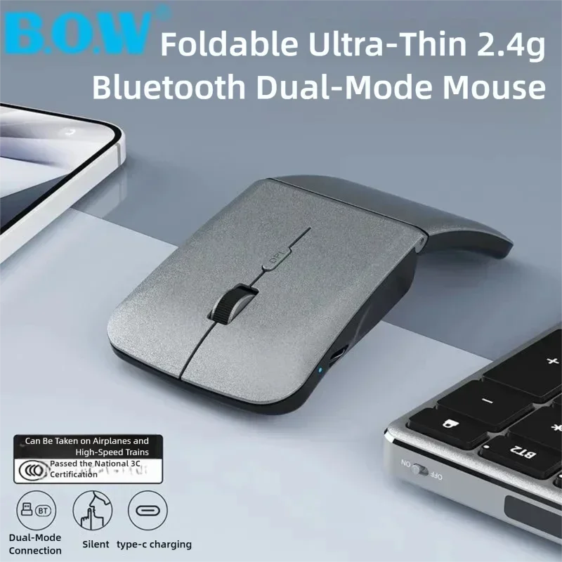 Wireless Foldable Silent Mouse 2.4G Bluetooth 5.3 Dual Mode Rechargeable Ultra-Thin Portable Office Mice for Laptop Tablet PC