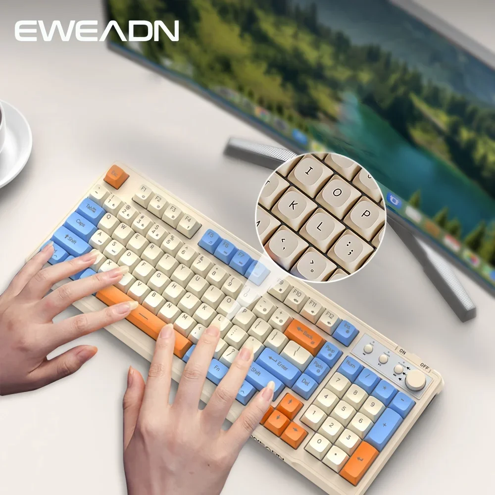 EWEADN V98 wireless keyboard RGB Backlit Rechargeable BT Membrane Gamer Keyboard 98Key PBT Ball Keycaps for Silent Office Gaming