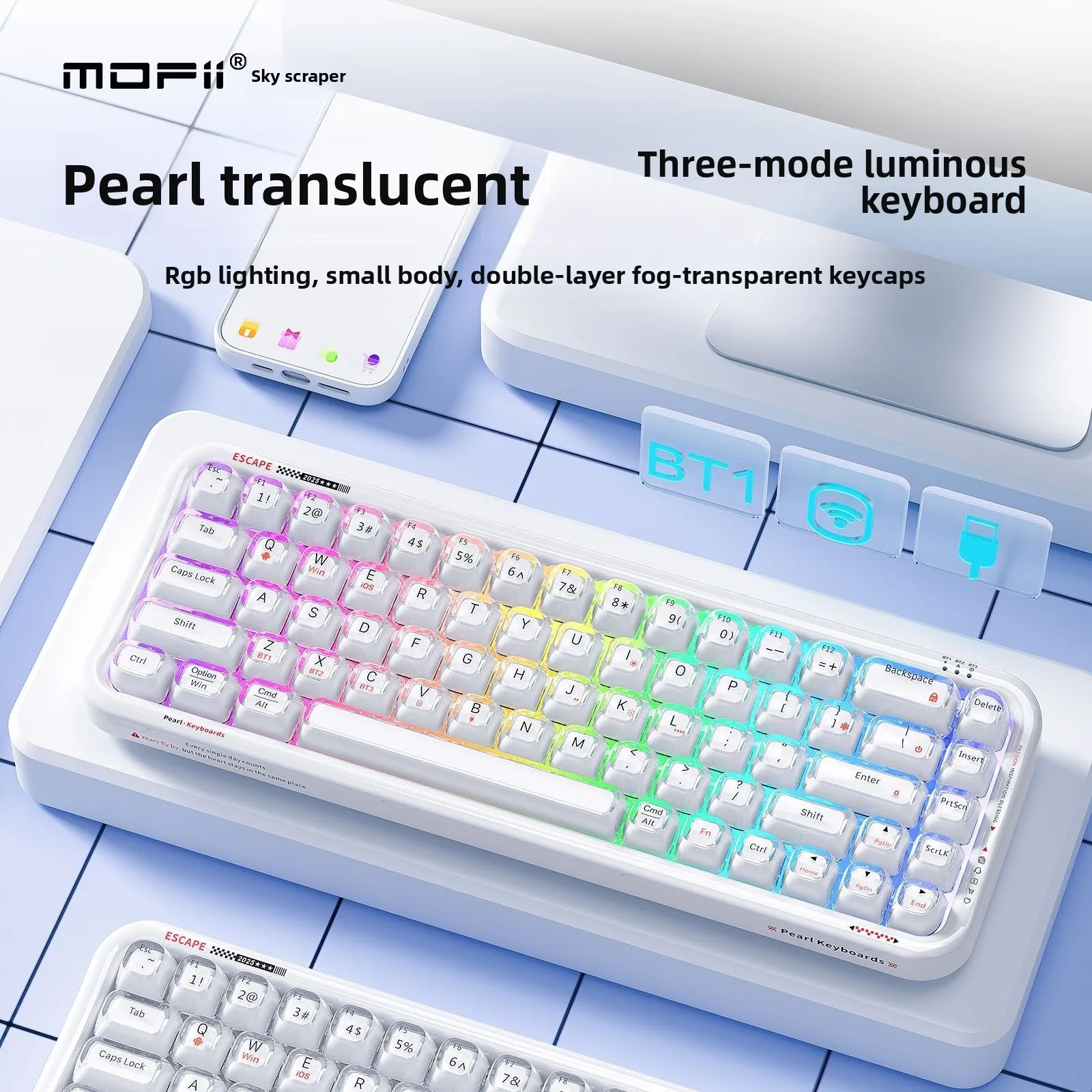 68-Key Tri-Mode Translucent RGB Backlit Keyboard Bluetooth+2.4Ghz + Wried Rechargeable Gaming Keyboard For Laptop Desktop Tablet