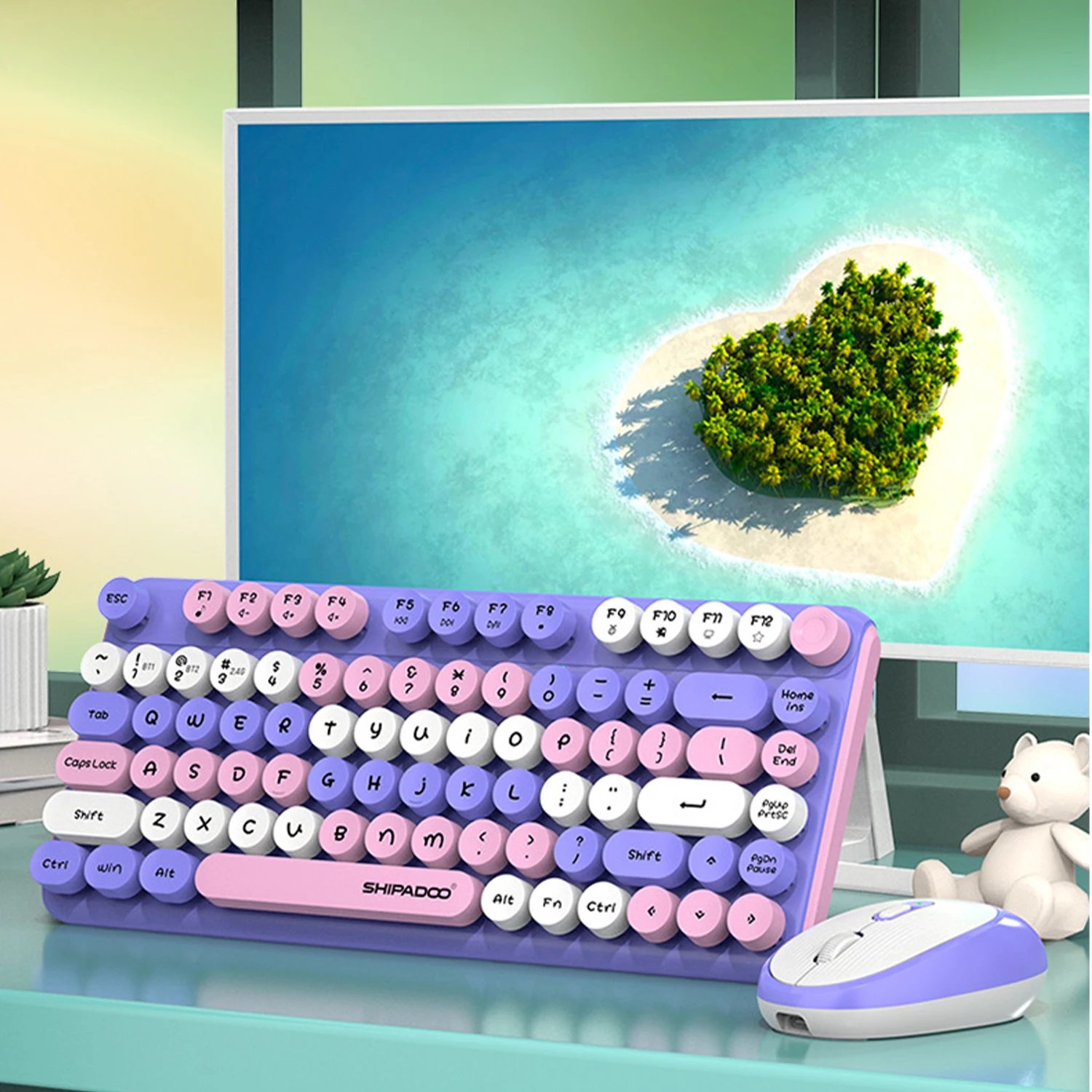 Bluetooth Wireless Keyboard and Mouse Set 2.4G Mixed Color Round Keycaps Rechargeable Keyboard Cute Girls Office Gaming Set