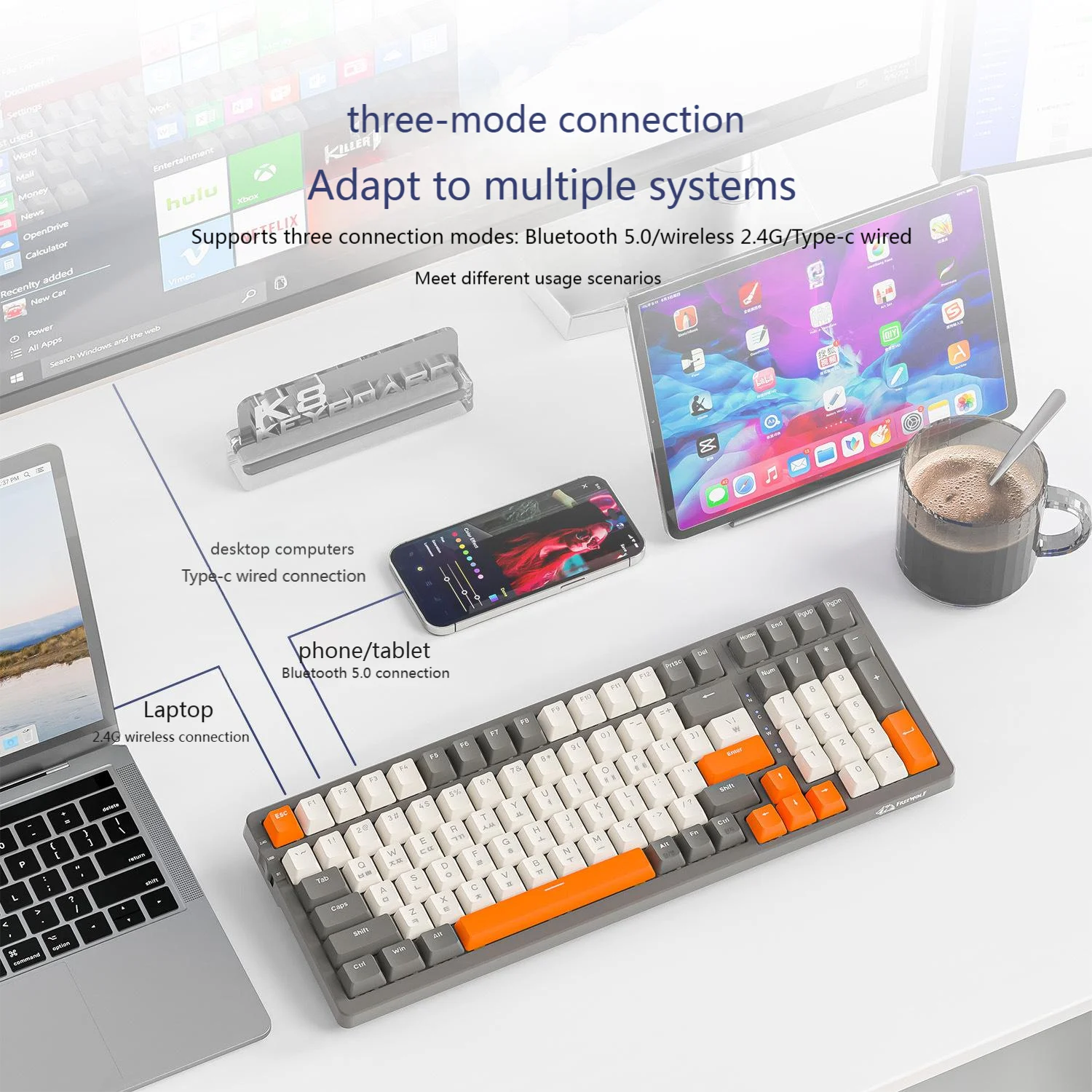 Korean Mechanical Keyboard 2.4G Bluetooth Wired Tri-Mode Rechargeable Hot Swappable Shaft Body 100 Key Wireless Gaming Keyboard