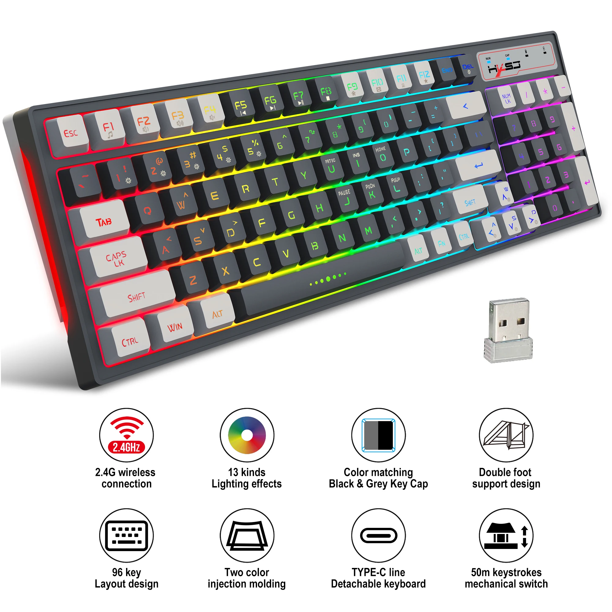 96 Keys Wireless Keyboard RGB Backlight Rechargeable 2.4G USB Gaming Keyboard for Windows PC Laptop Gamer