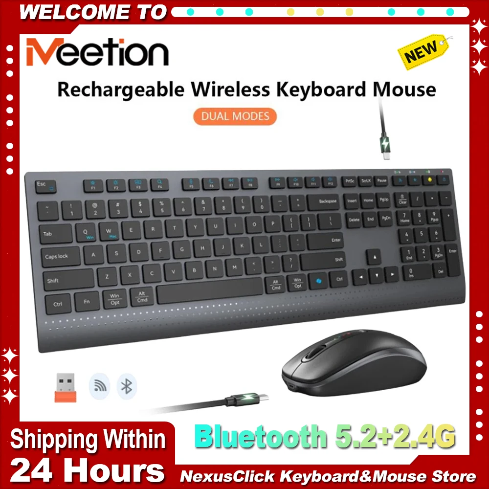 Bluetooth Keyboard Mouse Combo 2.4G Dual-mode Full-Size Rechargeable Wireless Keyboard Mouse Set for Windows PC Gamer Office