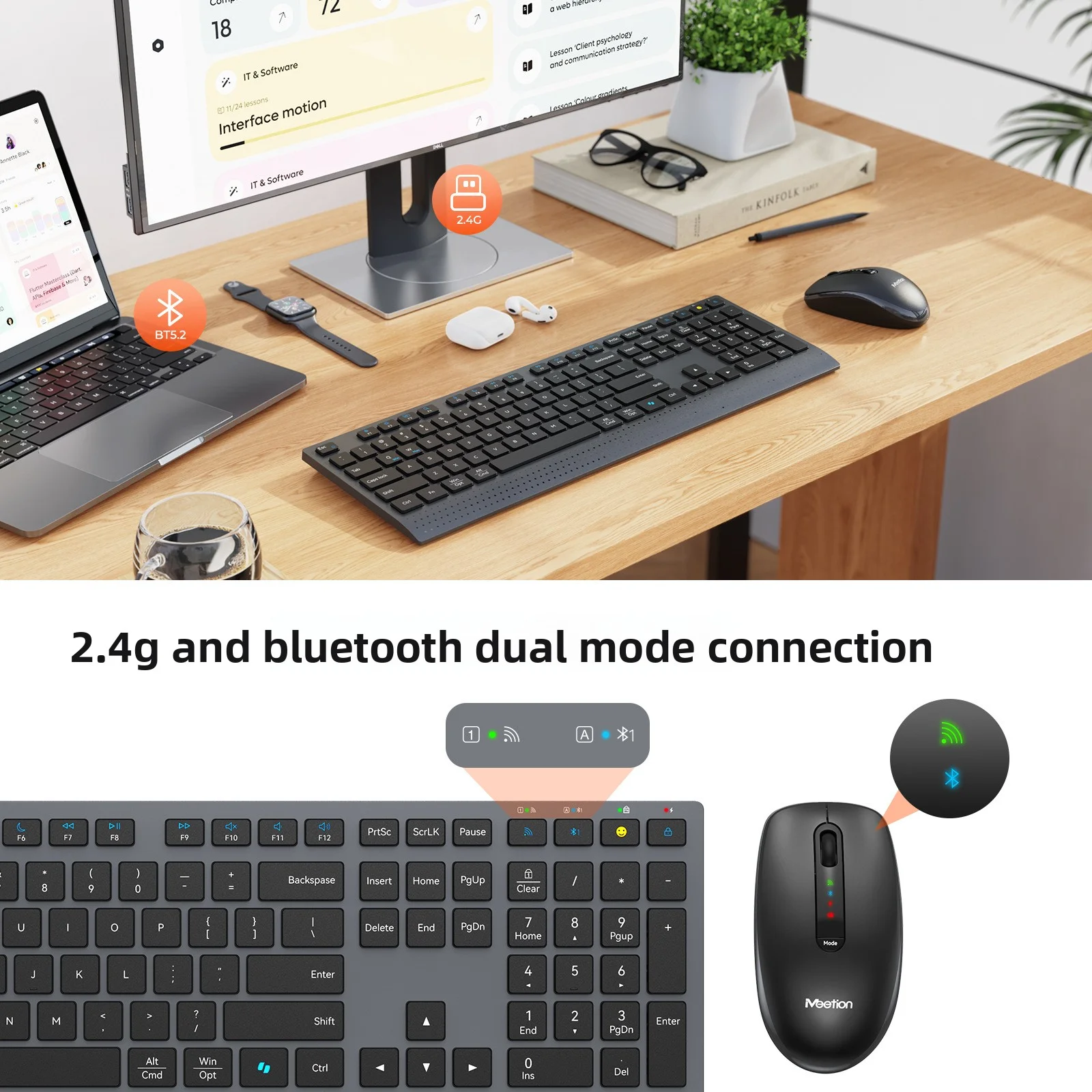 Bluetooth Keyboard Mouse Combo 2.4G Dual-mode Full-Size Rechargeable Wireless Keyboard Mouse Set for Windows PC Gamer Office
