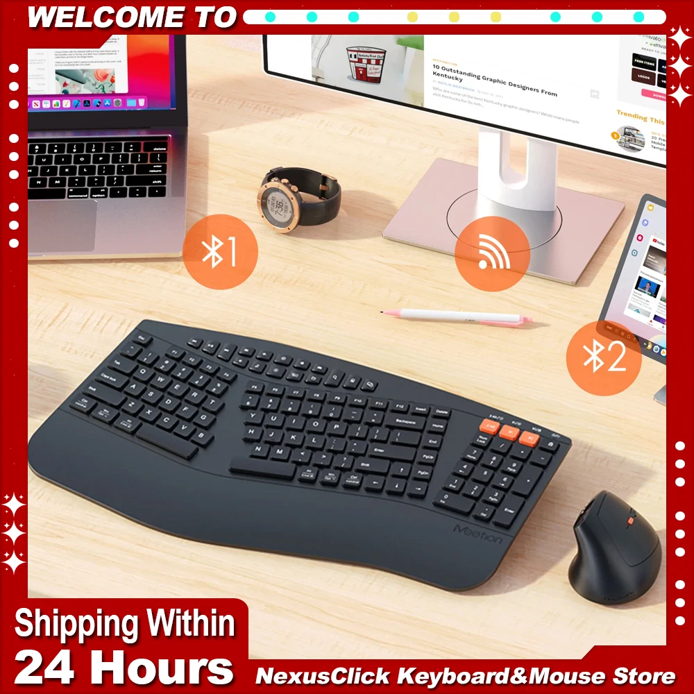 Wireless 2.4G Dual-Mode Keyboard Mouse Set Ergonomic Silent Keyboard Combo 2400DPI Rechargeable Wrist Rest Keyboard Mouse Kit