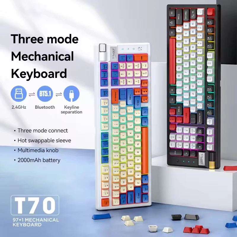 Bluetooth Computer Ergonomic Mechanical Keyboard RGB 97 Keys Hot Swappable Rechargeable Wireless Gaming PC Mechanical Keyboard