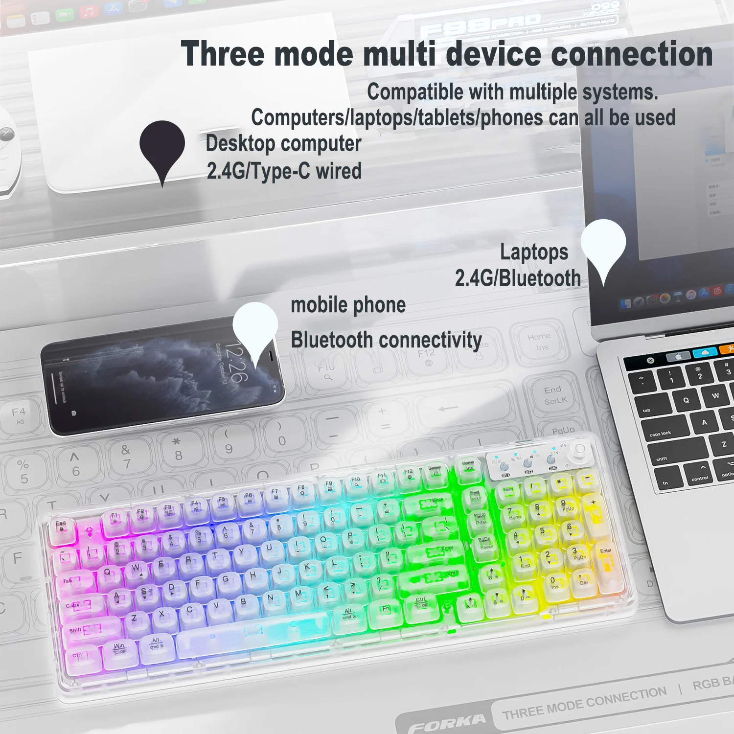 Transparent Wireless Gaming Keyboard RGB Backlight 2.4G/Bluetooth/Wired Tri-Mode Mute Rechargeable Mechanical Feel Keyboard