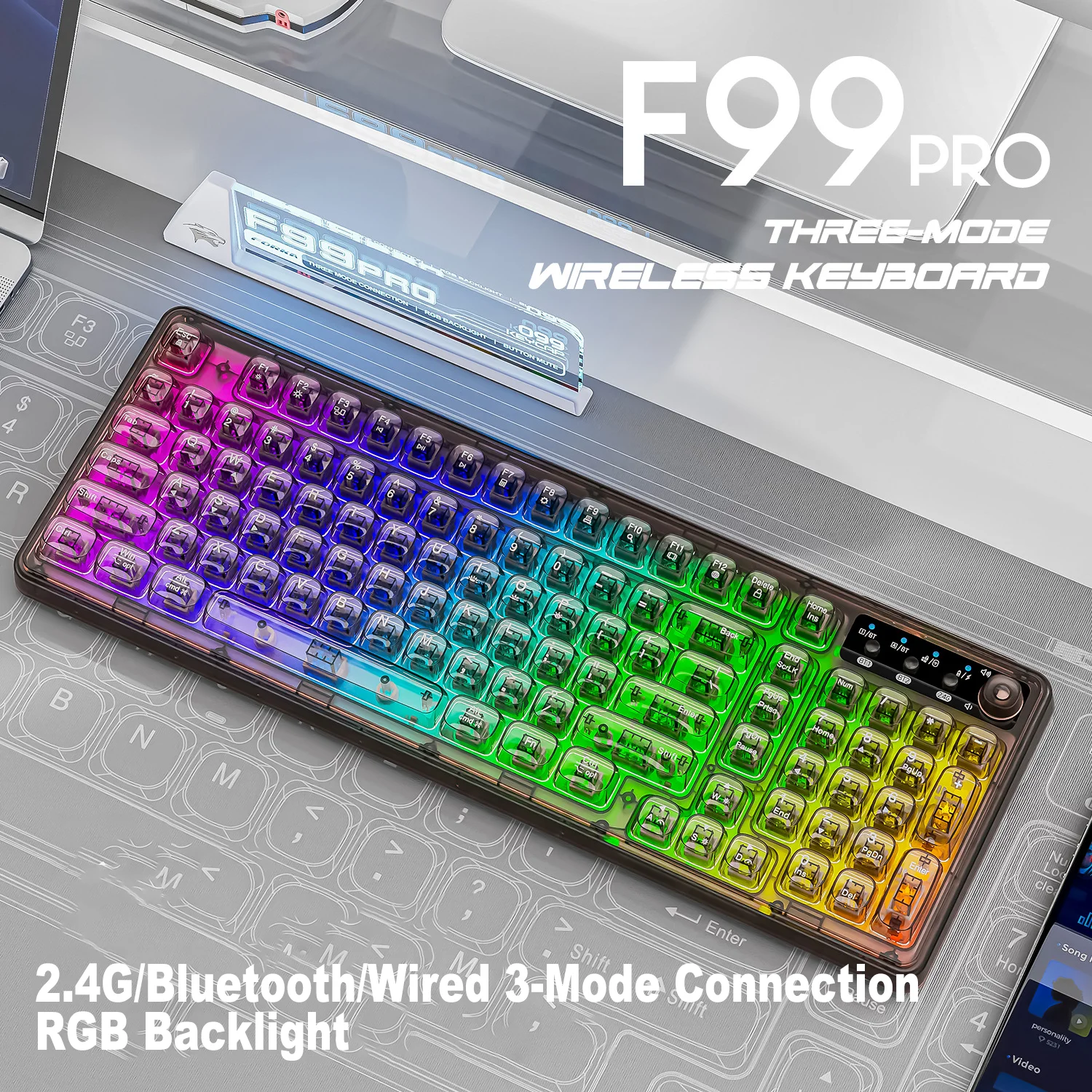 Transparent Wireless Gaming Keyboard RGB Backlight 2.4G/Bluetooth/Wired Tri-Mode Mute Rechargeable Mechanical Feel Keyboard