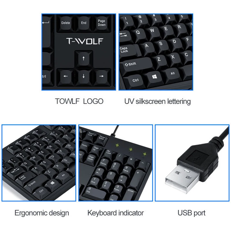 T-WOLF TF500 Keyboard Mouse Set Spanish English Home Gaming Office Business USB Wired Keyboard and Mouse Set