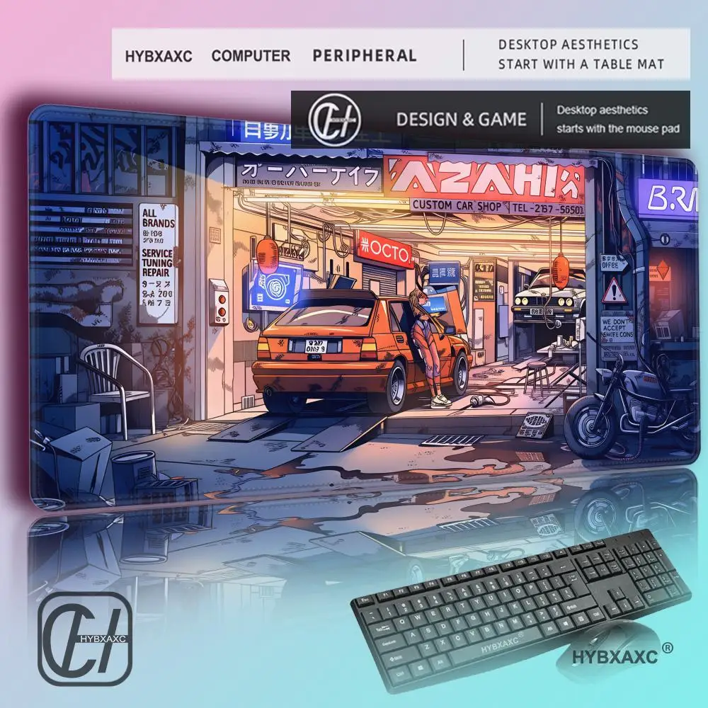 HYBXAXC Retro Cyberpunk Car Shop Mouse Pad Large XXL Japanese Street Art Desk Mat Non-Slip Gaming Keyboard Mat