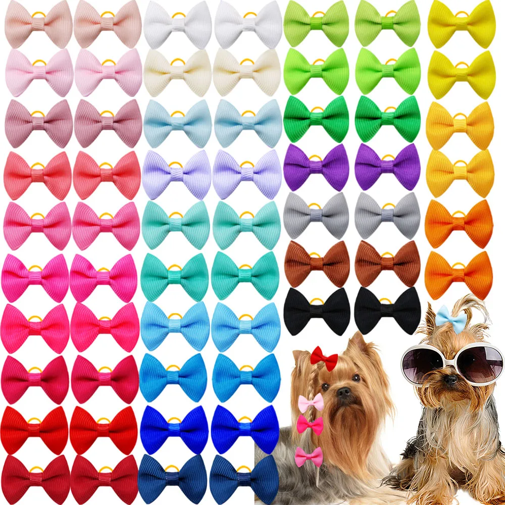 50PCS Puppy Bows With Rubber Bands Handmade Dog Bows Solid/Polka Dot Style Pet Hair Accessories For Dogs and Cats Bulk Supplies