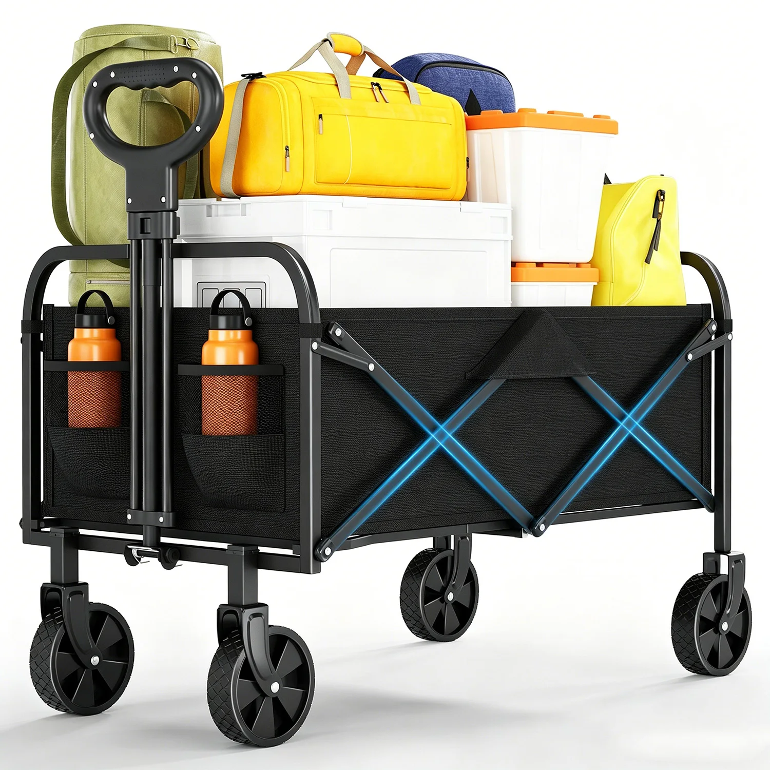 220L Heavy Duty Collapsible Camping Trolley Collapsible Wagon Cart W/Wheels/Adjustable Handle/Drink Holders for Outdoor Garden