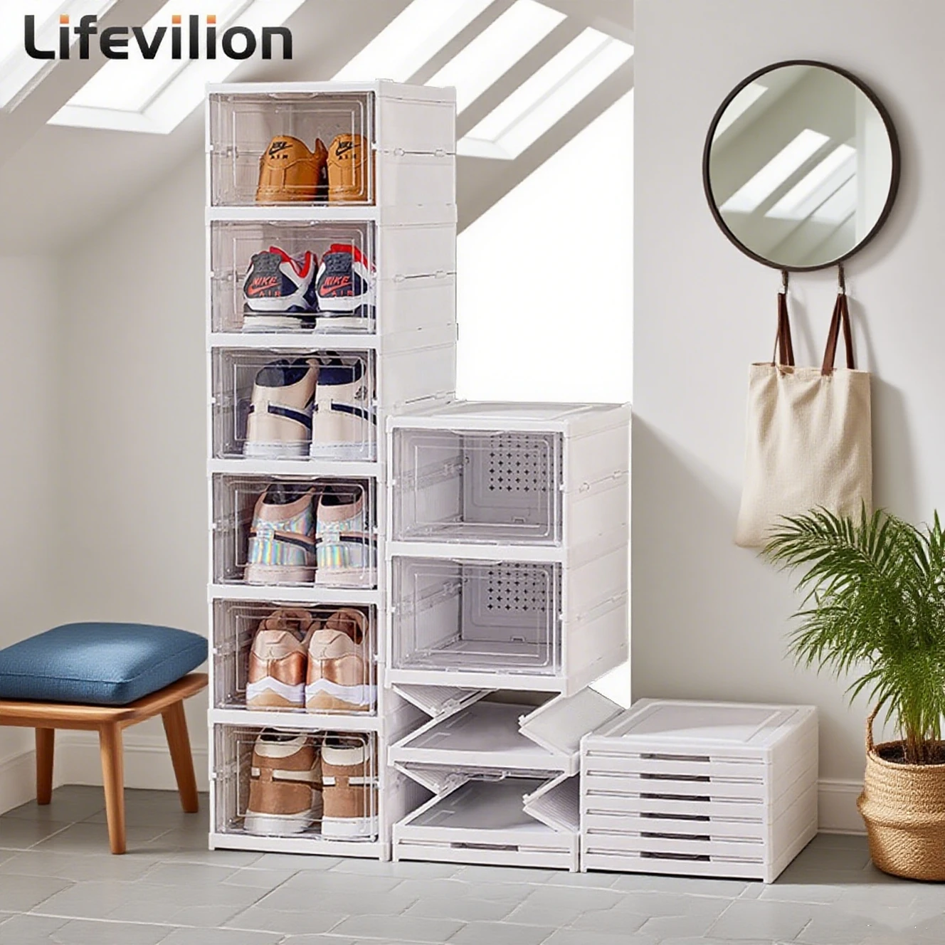 6 Layers Shoes Box Foldable Transparent Sneaker Shoe Storage Organizers Box Stackable Dustproof High-top Cabinet Shoe Rack Shelf