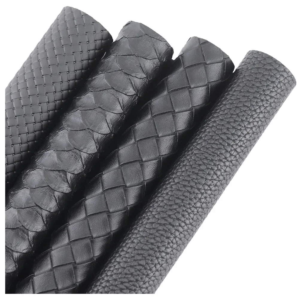 30x134cm Mini Roll Pure Black Faux Synthetic Leather Fabric Smooth Litchi Lychee Textured Embossed Pattern for Bag Making HM001