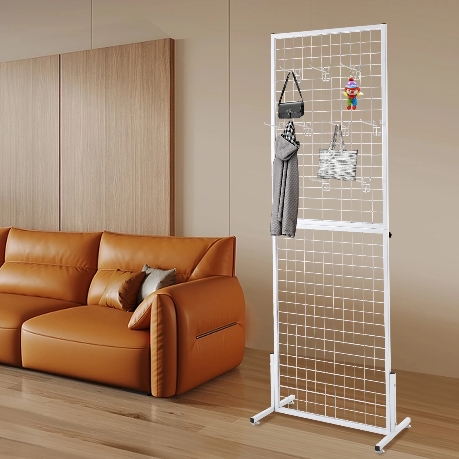 185*94cm Metal Gridwall Panel Grill Pegboard Rack Display Stand Easy-Install Organizer with Floor Stands for Storage & Display