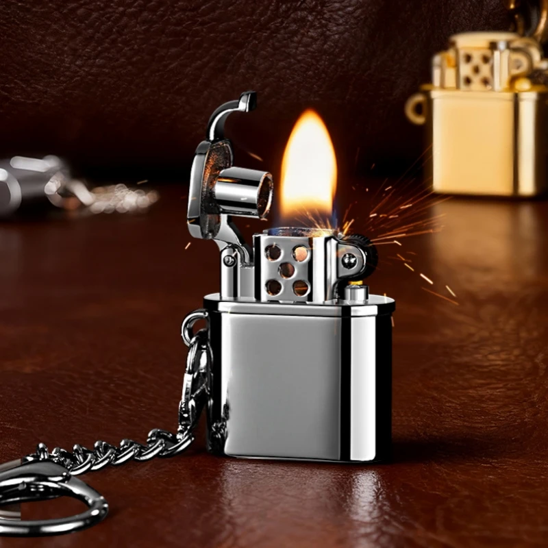 New Metal Mini Pendant Grinding Wheel Lighter Portable Keychain Outdoor Personalized Lighter Cigarette Accessories Men's Gift