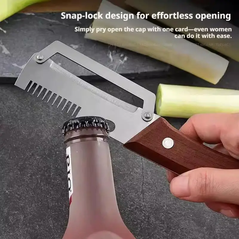 2-in-1 Serrated Vegetable Peeler Premium Peeling Knife with Wooden Handle & Bottle Opener, Non-Slip Soft Skin Cutter for Kitchen