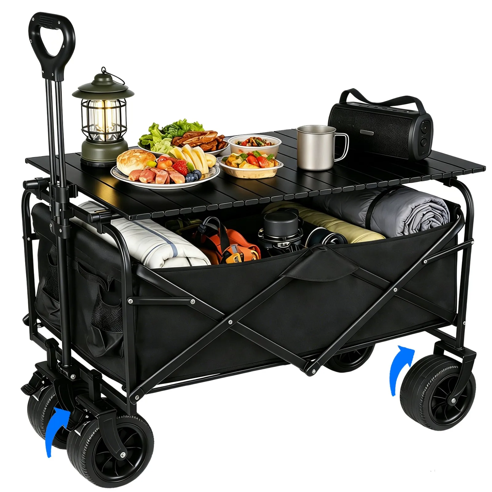 Folding Camping Cart 150/100L Large Capacity Heavy Duty Wagon Cart for Outdoor Garden Picnic Beach Trolley Cart with Cup Holders