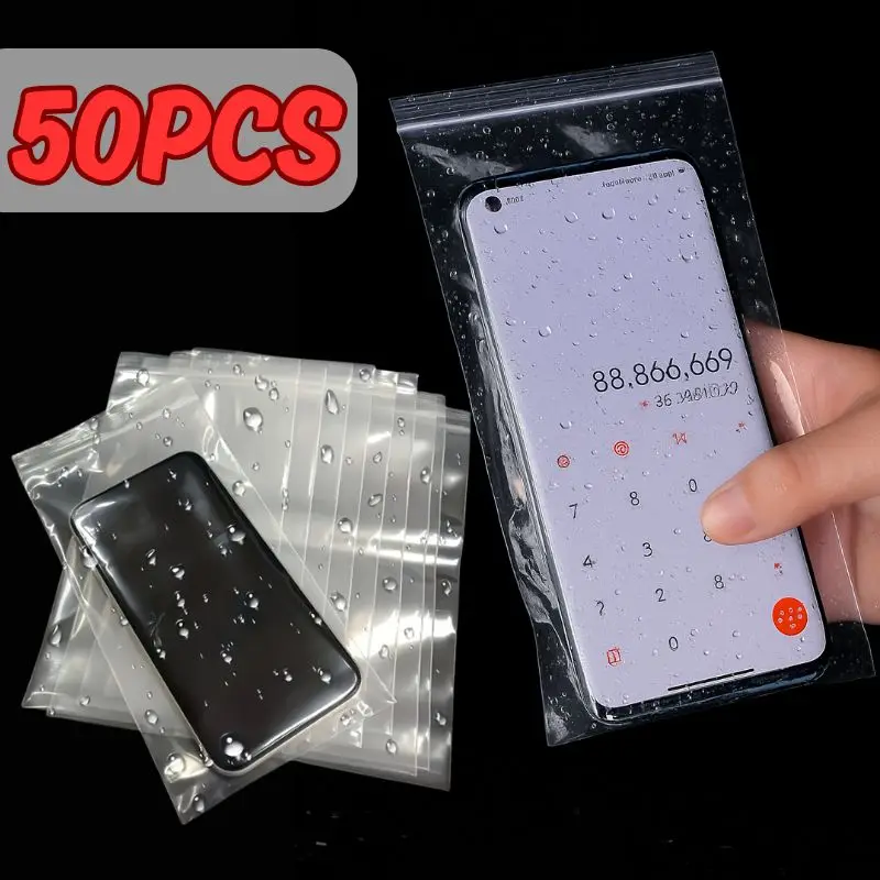 50pcs Transparent Thickened Self Sealing Waterproof Phone Bags Dustproof Disposable Protective Cases Sealable Touchscreen
