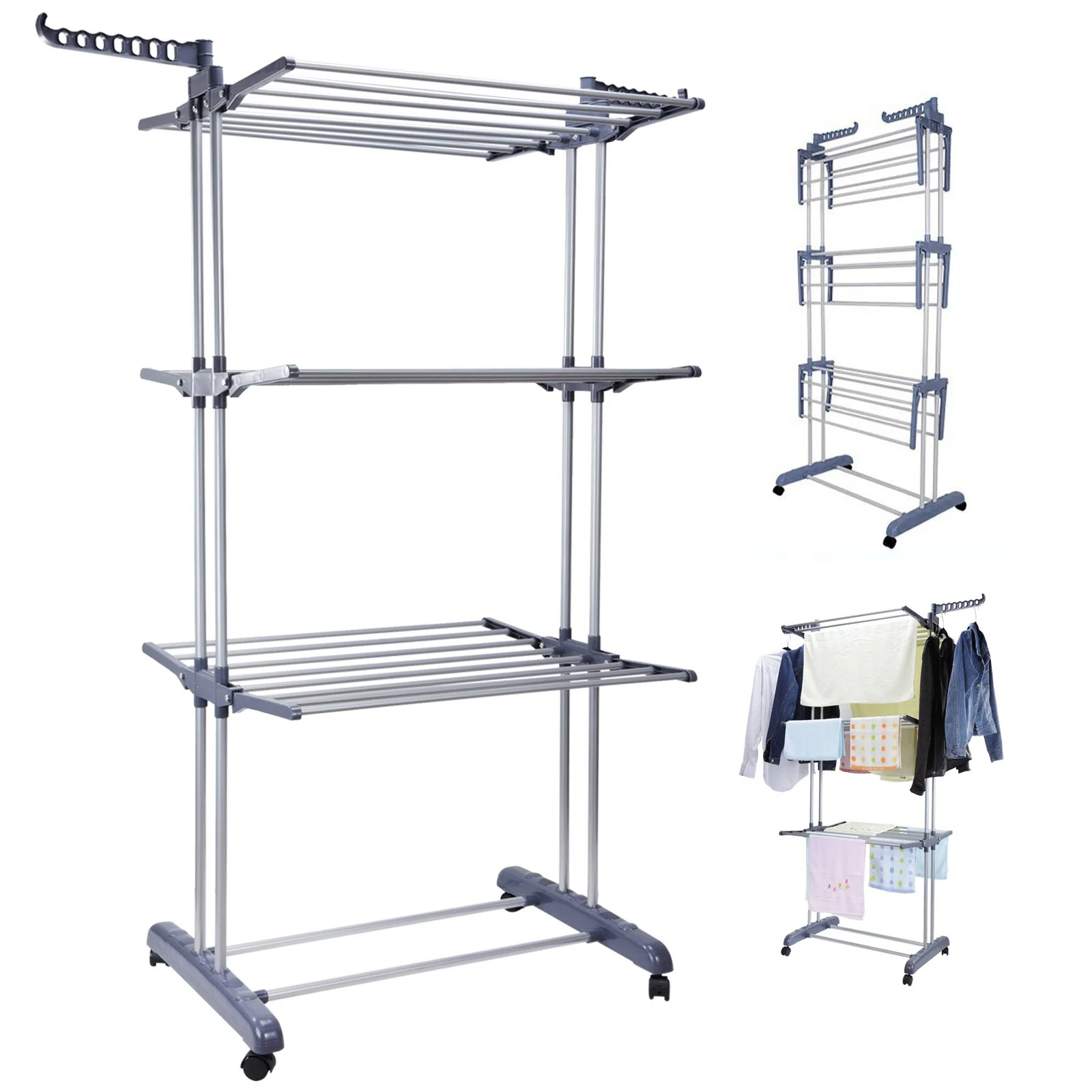 4-Tier Clothes Drying Rack Foldable Expandable Rack Large Movable with Wheels Space Saving Multi-functional Indoor & Outdoor