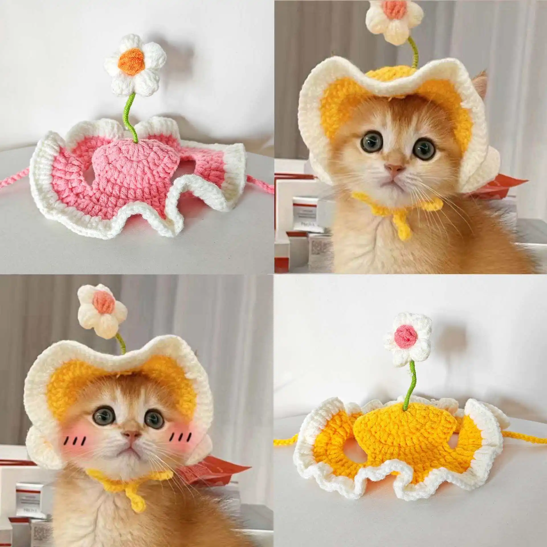 Cat Hat, Cute Flower Crochet Cat Hat Knitted Costume Headwear for Kitten Dog Puppy Pet Small Knit Cap Clothes Decoration