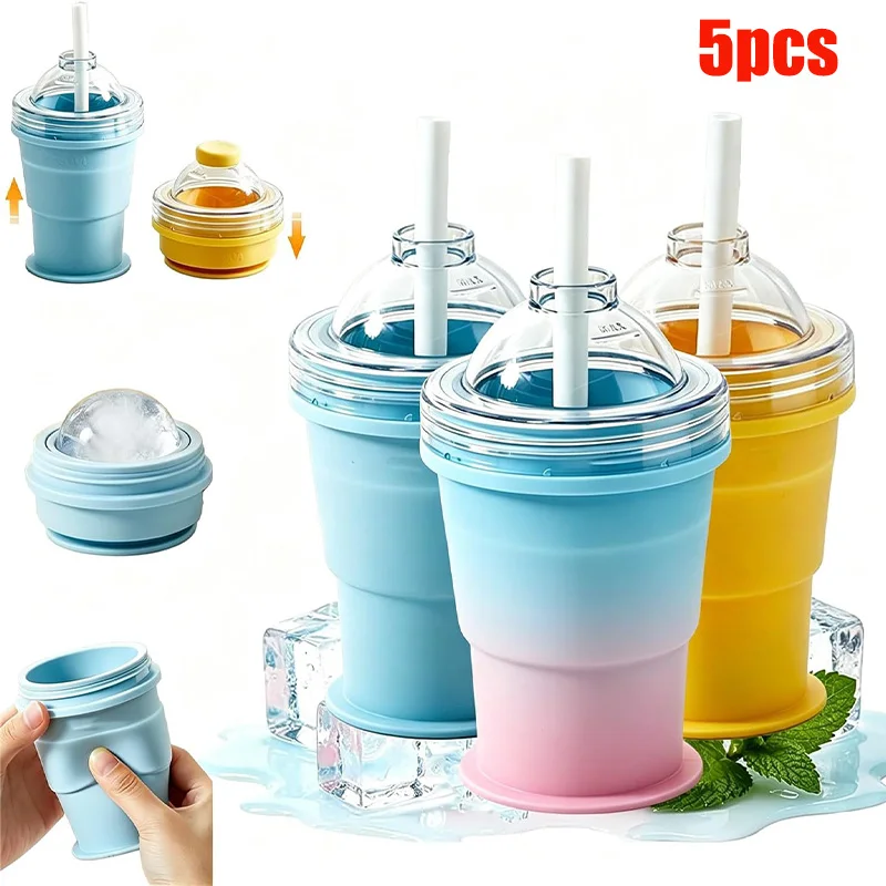2-in-1 Foldable Ice Hockey Cup, Leakproof Lid with Straw, Portable for Coffee, Juice, Camping/Hiking Food-grade Silicone Molds